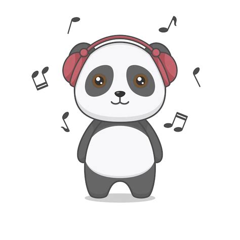 Lindo Personaje Panda Con Auriculares Escuchando Música Vector Premium