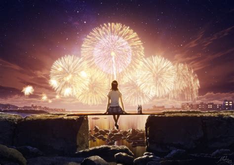 Mocha Cotton Original Girl Fireworks From Behind Night Scenery Sitting Sky Solo