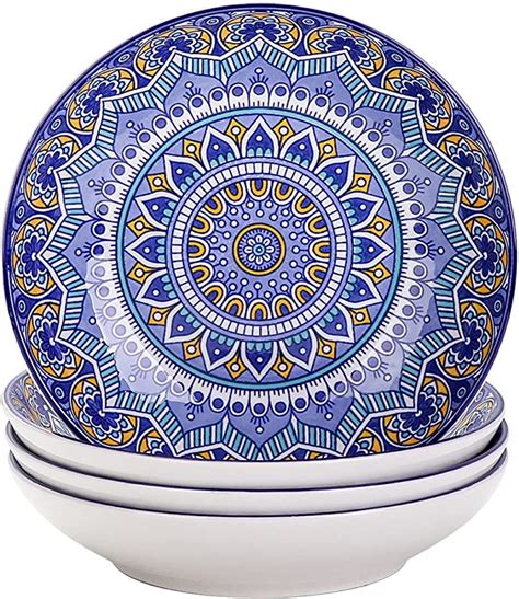 Vancasso Mandala Patterned Pasta Bowl Set Of 4 Porcelain 8 Inch Blue Soup Plate Soup Bowl 700