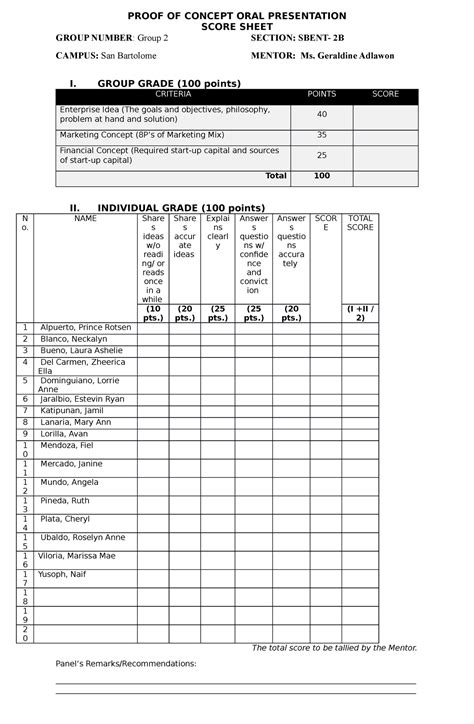 Poc Scoresheet Proof Of Concept Oral Presentation Score Sheet Group