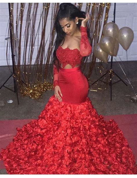 Elegant African Black Girls Long Sleeve Red Mermaid Prom Dresses 2019