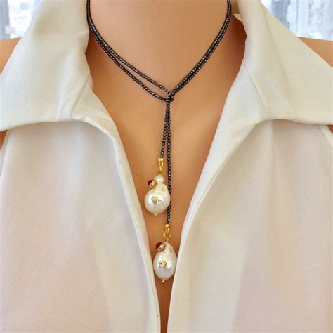 Back In Stock Studded Baroque Pearl Open Lariat Necklace Leather