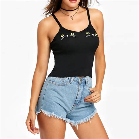2018 1pc Summer Women Girls Black Sleeveless Vest Camis Cat Print Top