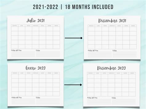 2021 2022 Spanish Blank Monthly Calendar Landscape Printable Etsy