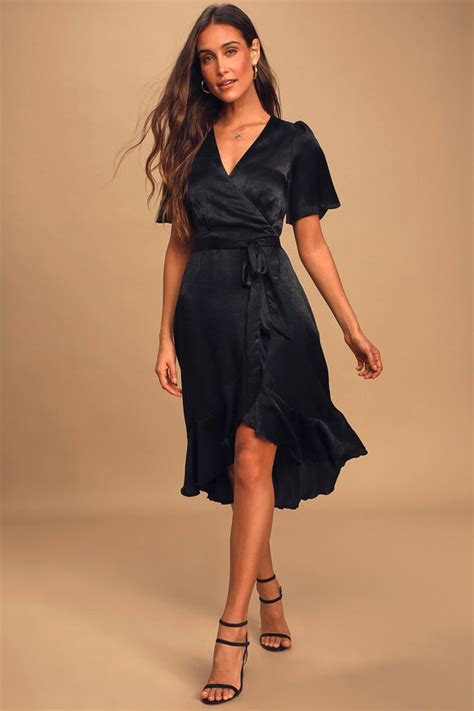 Chic Black Dress Satin Dress Satin Wrap Dress Midi Dress Lulus