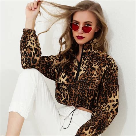 Women Loose Leopard Printed Hoodies Ins Zip Collar Jumper Fashion 2018