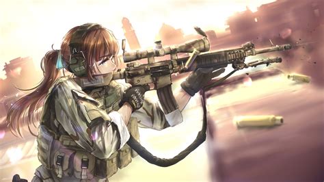 Wallpaper Anime Girls Military Girl With Weapon Long Hair Bullet Shooting 1920x1080