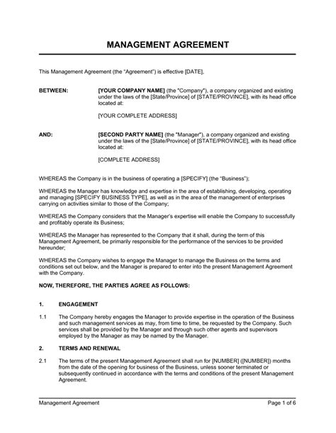 Management Services Agreement Template Free Printable Templates