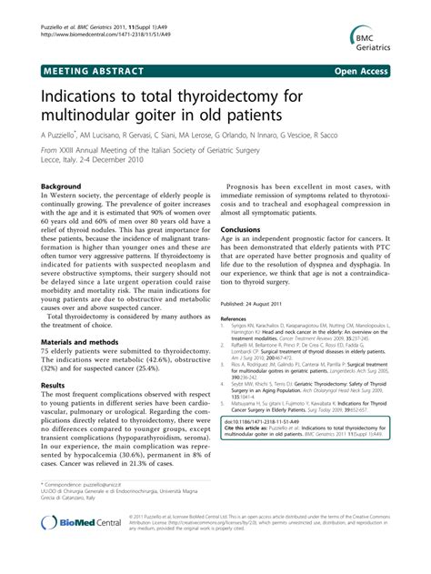 Pdf Indications To Total Thyroidectomy For Multinodular Goiter In Old