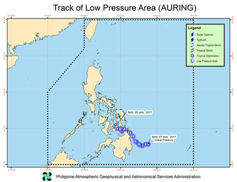 Auring was last spotted at 4 a.m. Tropical Depression Auring weakens into low pressure area