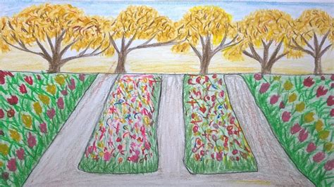 How To Draw Scenery Of Flower Garden Step By Step Youtube