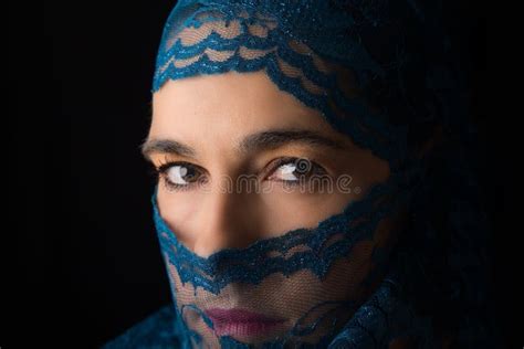 Middle Eastern Woman Portrait Looking Sad With Blue Hijab Artist Stock