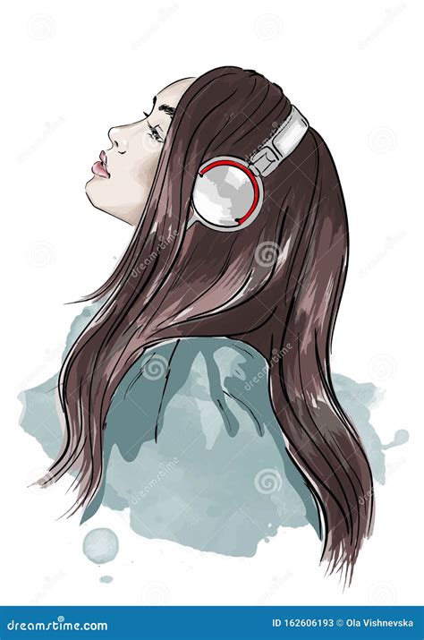 Portrait Of Young Beautiful Stylish Girl In Headphones The Girl