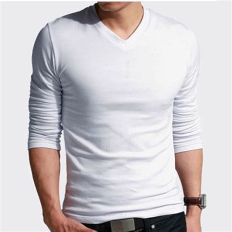 100 Cotton Mens Basic Tees Long Sleeve T Shirt Crew V Neck Casual Shirts New Ebay