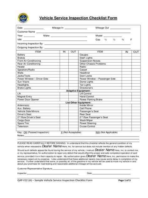 Free Printable Vehicle Inspection Sheet Template