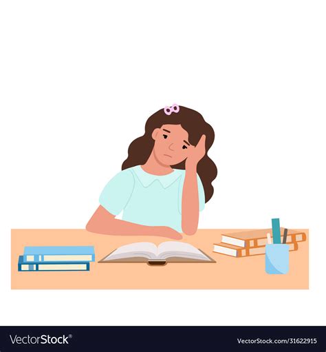 Sad School Girl Doing Homework Royalty Free Vector Image