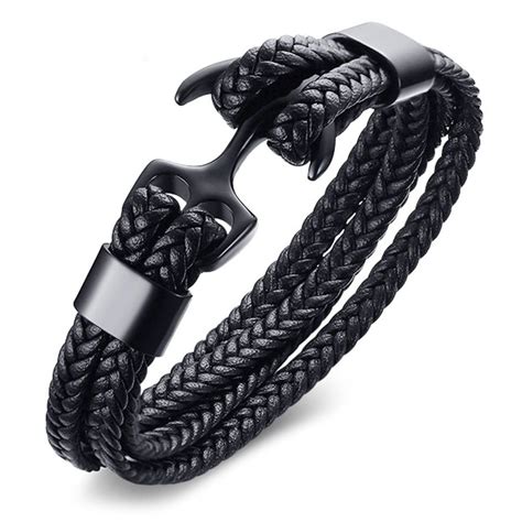 Mens Black Braided Leather Stainless Steel Anchor Bracelet