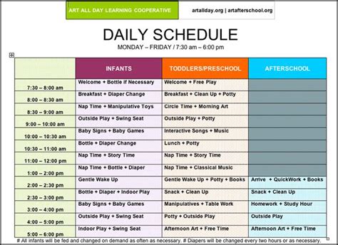 Arts Afterschool Schedule And Supplies Preschool Schedule Daycare