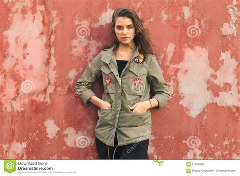 Youth Pretty Female On Street Near Red Wall Stock Photo Image Of