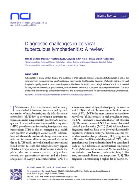 Pdf Diagnostic Challenges In Cervical Tuberculous Lymphadenitis A Review