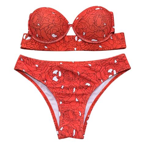 Sexy Women Strapless Bikini Padded Underwire Bikinis Floral Print Bikini Set Backless Red