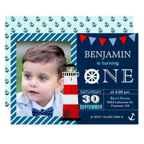 Red Blue Nautical Baby Boy 1st Birthday Party Invitation