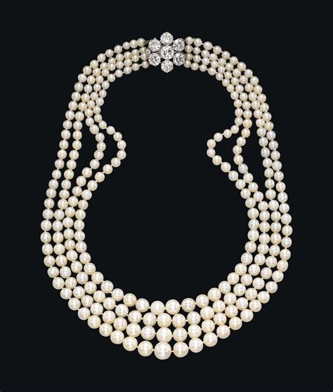 A Four Strand Natural Pearl Cultured Pearl And Diamond Necklace