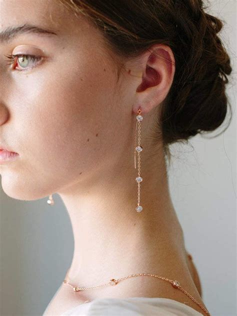 Etsy Rose Gold Earrings Long Chain Bridal Earrings Dangle Earrings Crystal Drop Threader