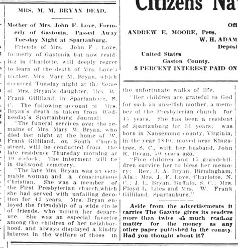 Mrs. M.M. Bryan Dead from Gastonia Gazette on 1914-03-27 – Brother