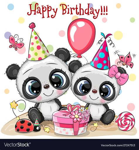 Birthday Card With Two Cute Pandas And Ladybug With Balloon And Bonnets