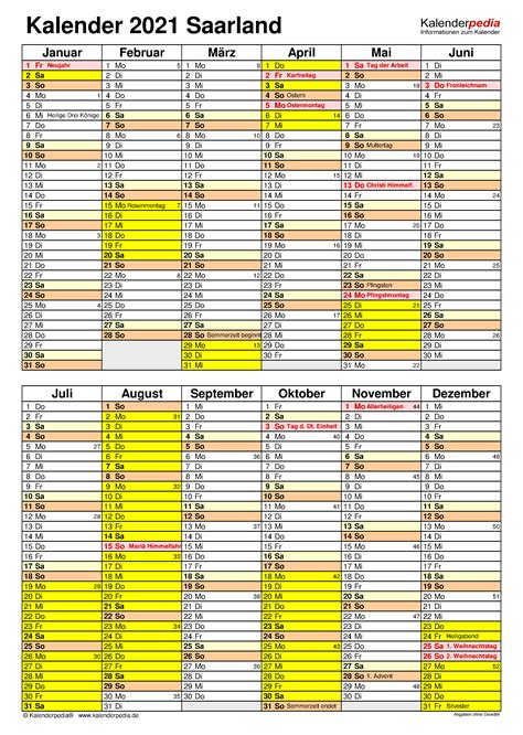 Die samstage und sonntage sowie feiertage sind farblich hervorgehoben. Kalender 2021 Saarland: Ferien, Feiertage, Excel-Vorlagen