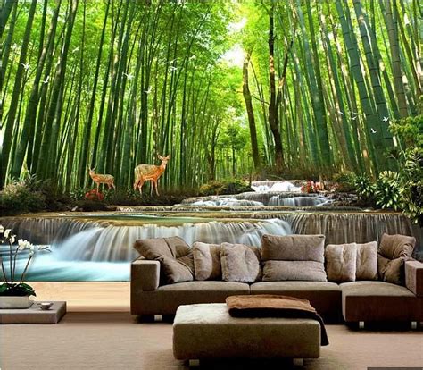 Custom Size Mural 3d Living Room Waterfall Bamboo Forest Elk Tv