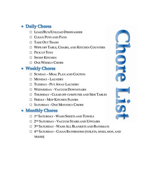 Free Editable Chore Chart List Printable For Adults