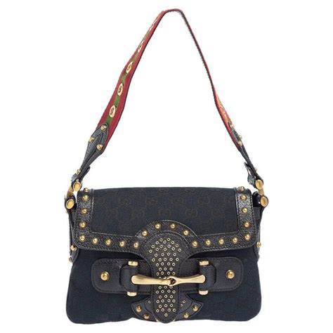 Gucci Blackblue Gg Canvas And Leather Studded Pelham Runway Flap