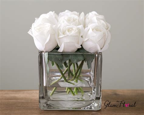 Real Touch Rose Flower Arrangement Cream White Rosebuds In Faux Water