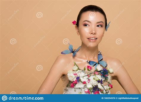 Beautiful Tender Naked Asian Girl In Flowers With Butterflies On Body
