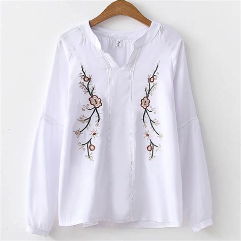 Vintage White Floral Embroidered Blouses For Women Linen V Neck Lantern