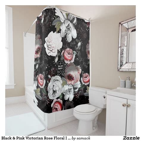 Black And Pink Victorian Rose Floral I Love You More Shower Curtain Bathroom Decor