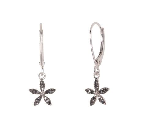 10k White Gold Black Diamond Accent Flower Leverback Earrings 8520