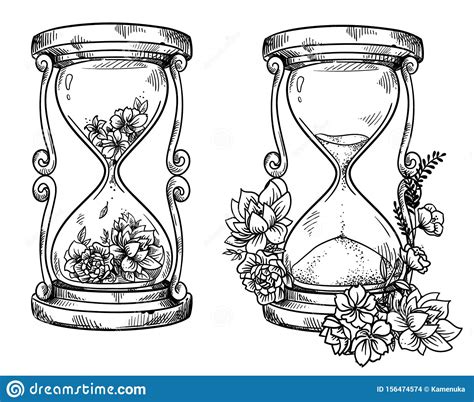 set of 2 vintage sand hourglasses with flowers vector drawing stock vector illustration of