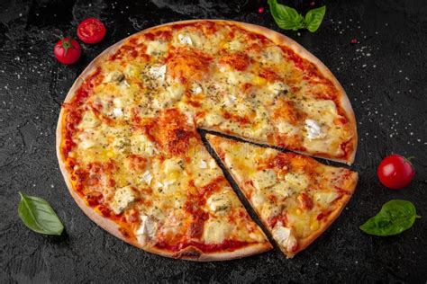 Tasty Hot Pizza Four Cheese With Cheddar Cheese Dorblu Mozzarella Grano Padano And Tomato