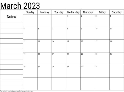 March 2023 Calendar With Notes Handy Calendars