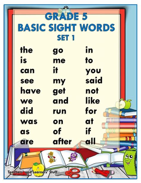 A Poster With Words And Pictures On It That Say Grade 5 Basic Sight