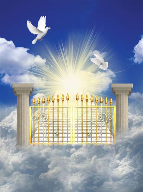 An Open Gate In The Sky With Birds Flying Around It And Sun Shining