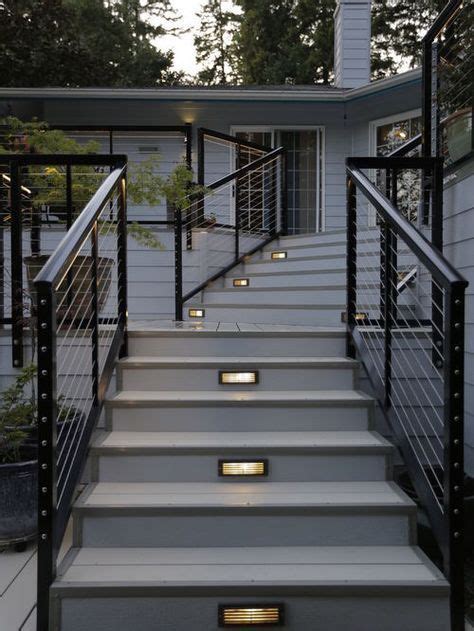 Unique aluminum rail style options combine form, function and versatility to add a rich, stylish look to avalon aluminum railing® brings you many of the features you've loved about our other. exterior stair lighting and cable rail system | Outdoor stair railing, Outdoor stairs, Exterior ...
