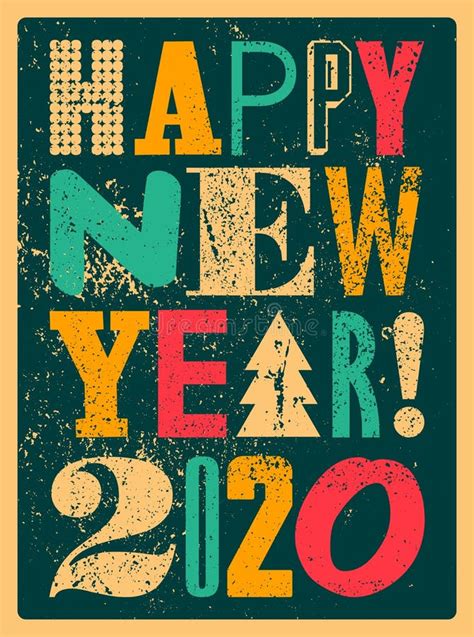 Happy New 2020 Year Typographic Grunge Vintage Style Christmas Card Or