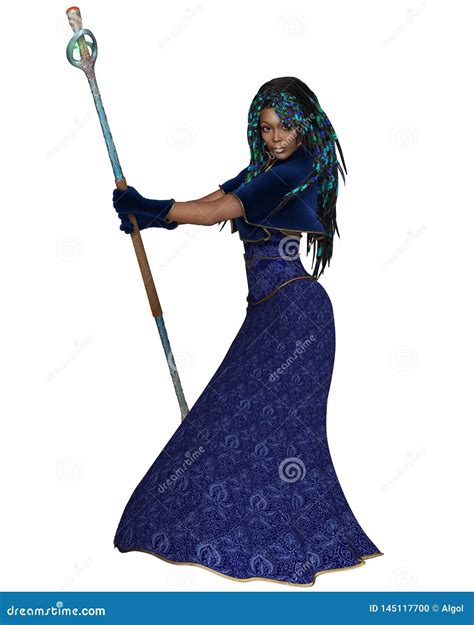 Black Female Sorceress With Magic Staff Side View Stock Illustration