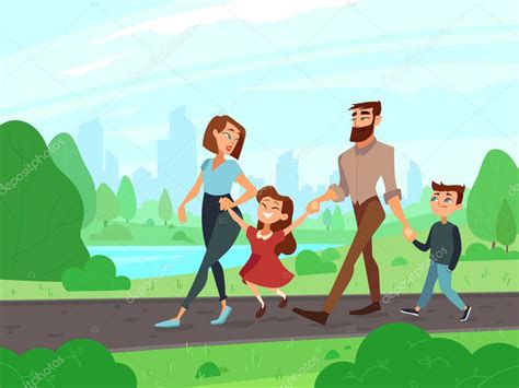 Feliz Padre De Dibujos Animados Madre Hermano Y Hermana En El Parque