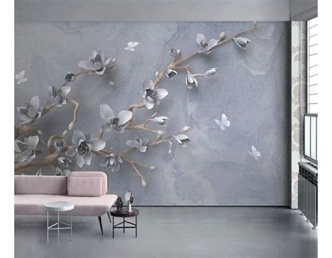 3d Embossed Look Magnolia Blossom And Butterfly Wallpaper Mural Wall