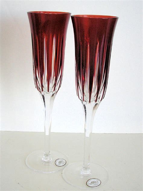 2 Ajka Castille Ruby Red Cased Cut To Clear Crystal Champagne Flute
